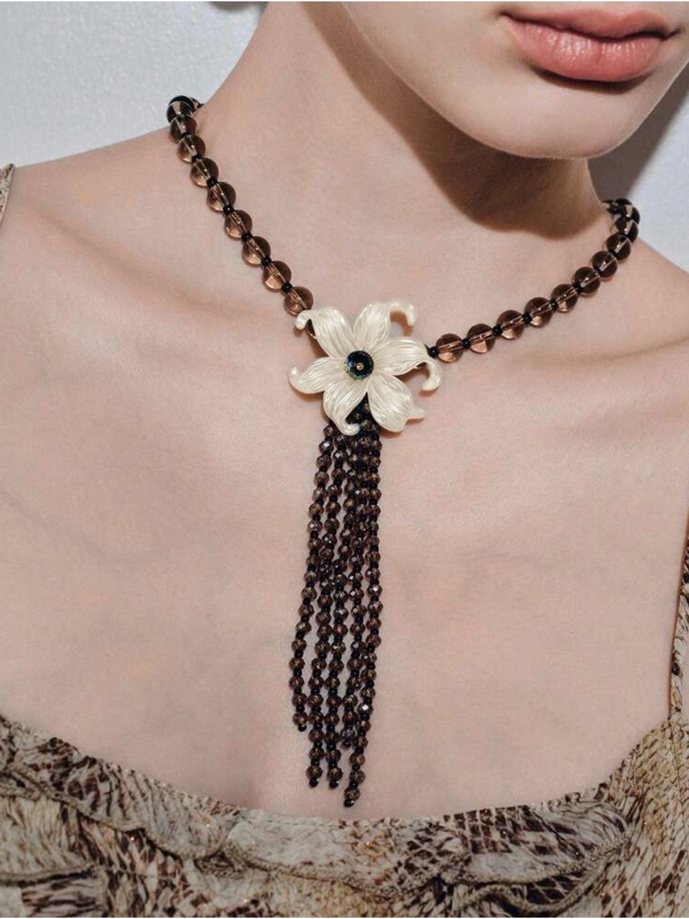NWT Elegant Cream Flower & Brown Bead Fringe Tassel Statement Pendant Necklace